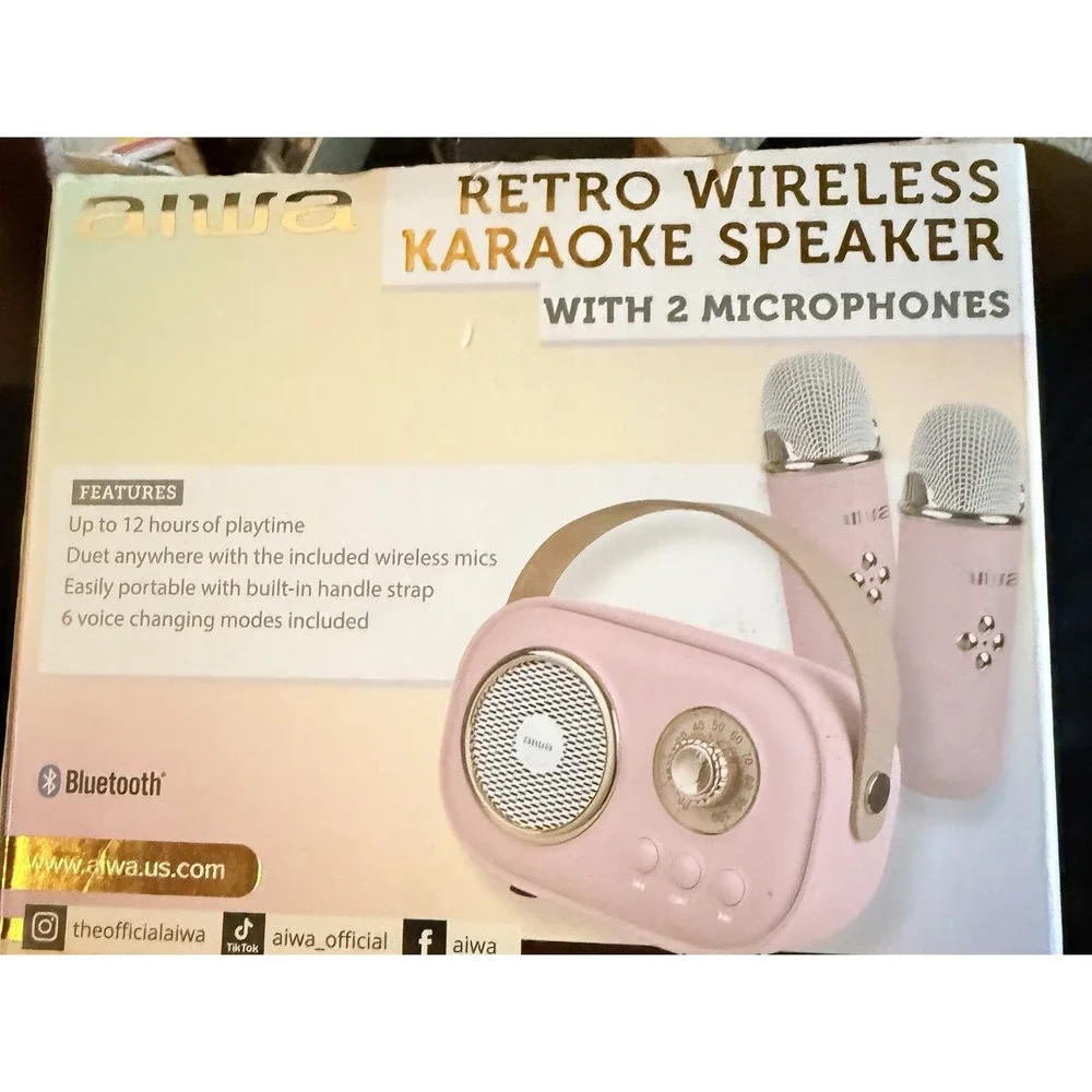 Aiwa Retro Portable Karaoke Speaker Bluetooth w/ 2 Microphones Pink